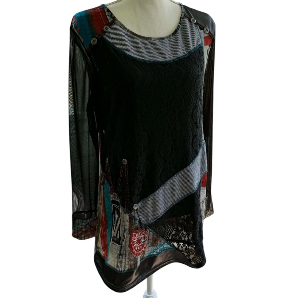Ronnie Salloway Women’s Black Multi Artwork Lace Tunic Top Sz-M